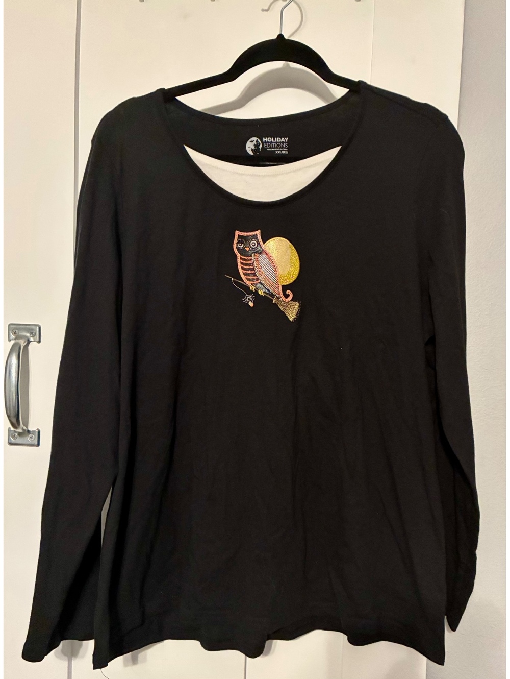 Holiday Editions Black Owl on Broom Halloween Layered-Look Top XXL
